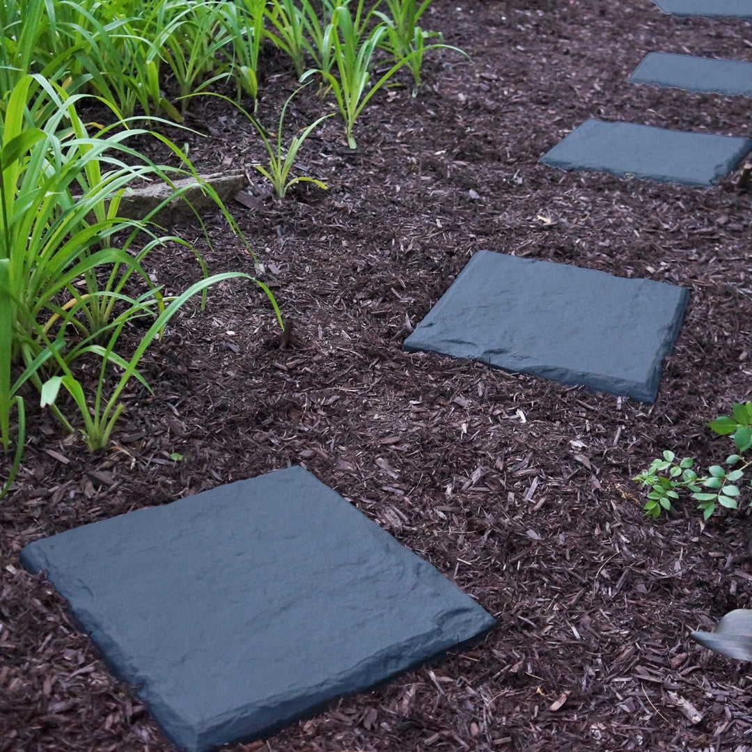 15.5 Interlocking Garden Stepping Stones – Slate Grey Resin Pavers (8 or 16-Pack) 🌿 | Extra-Wide Ground Stakes for Stability – Bonus Rubber Mallet with 16-Pack 🔨 | Weatherproof, Easy Install for Lawn & Pathways